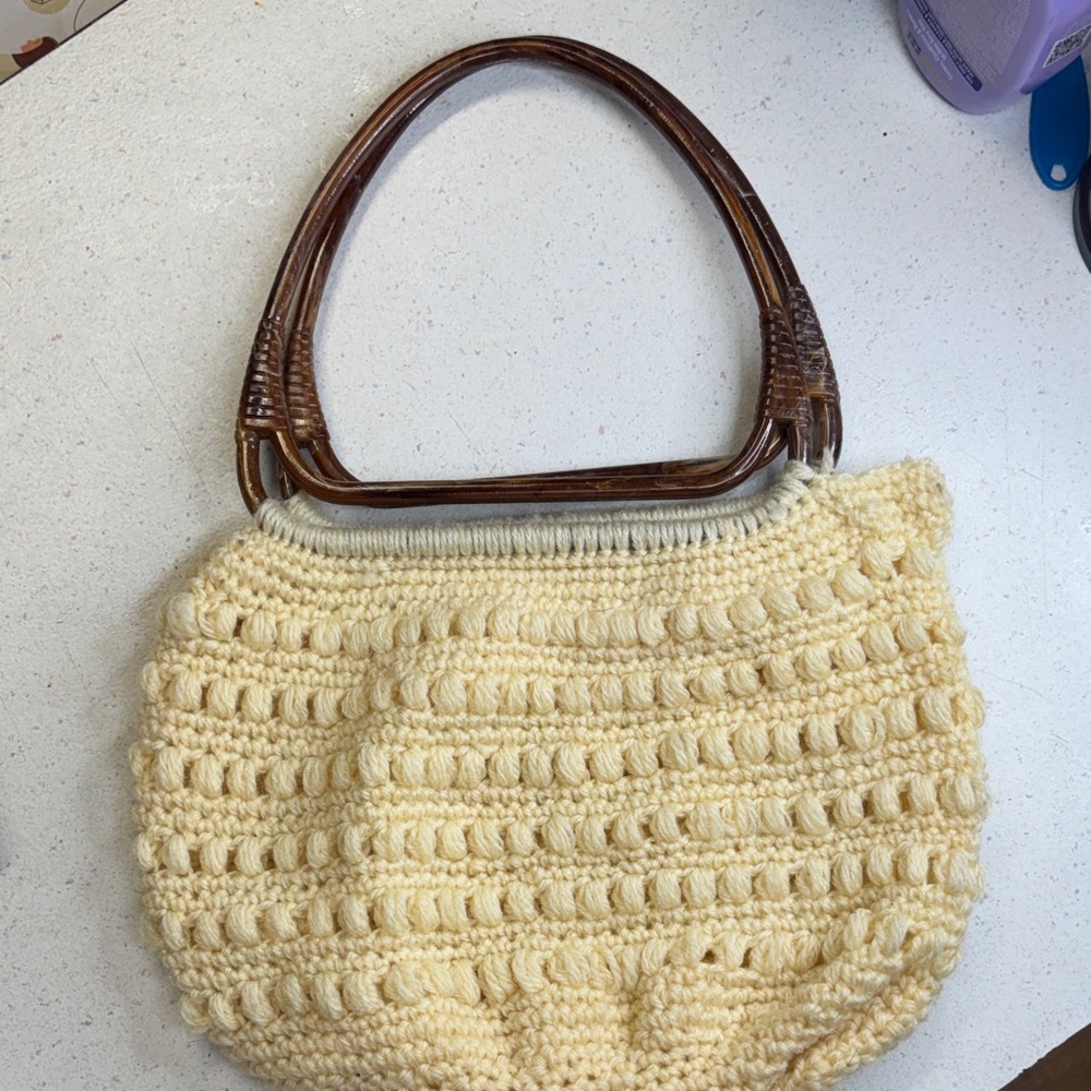 Vintage Cream Crochet Bag with Brown Handles